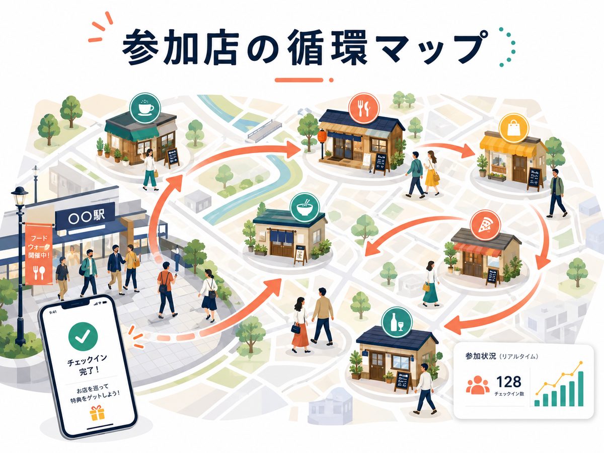 参加店をめぐる人の流れを示した循環マップ