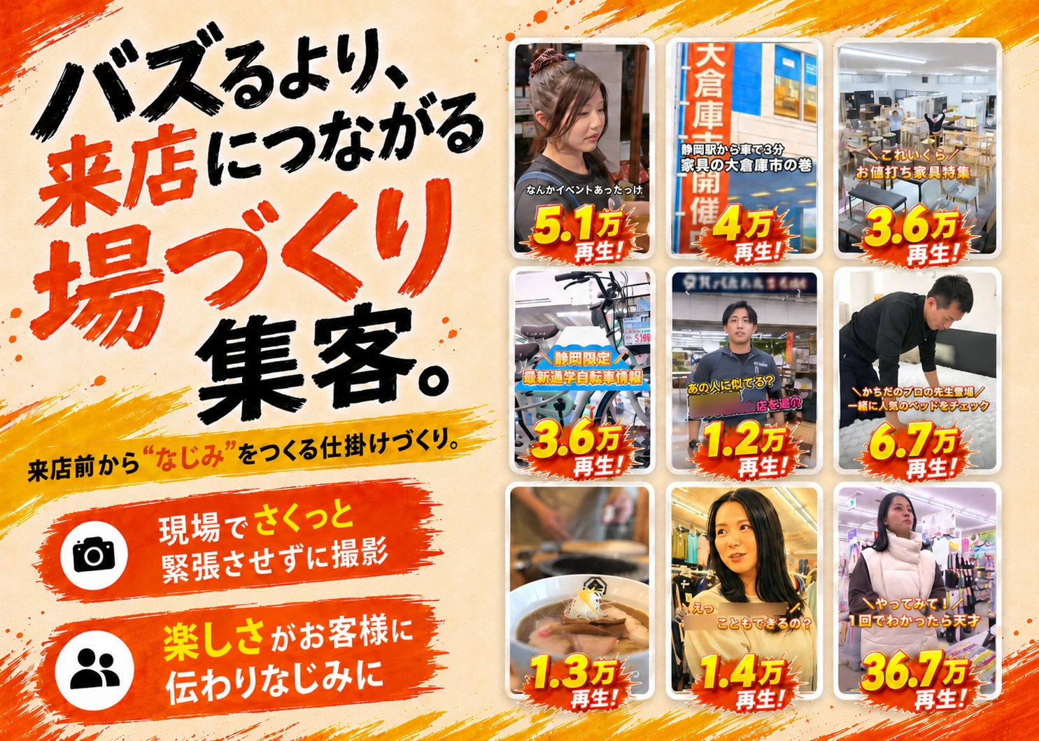 「バズるより、来店につながる場づくり集客。」来店前から「なじみ」をつくる仕掛けづくり。飲食・家具・自転車など複数業種のショート動画リール実績（5.1万・4万・3.6万・1.2万・6.7万・1.3万・1.4万・36.7万再生など）とサムネイル・キャッチコピーを並べたHEROビジュアル。