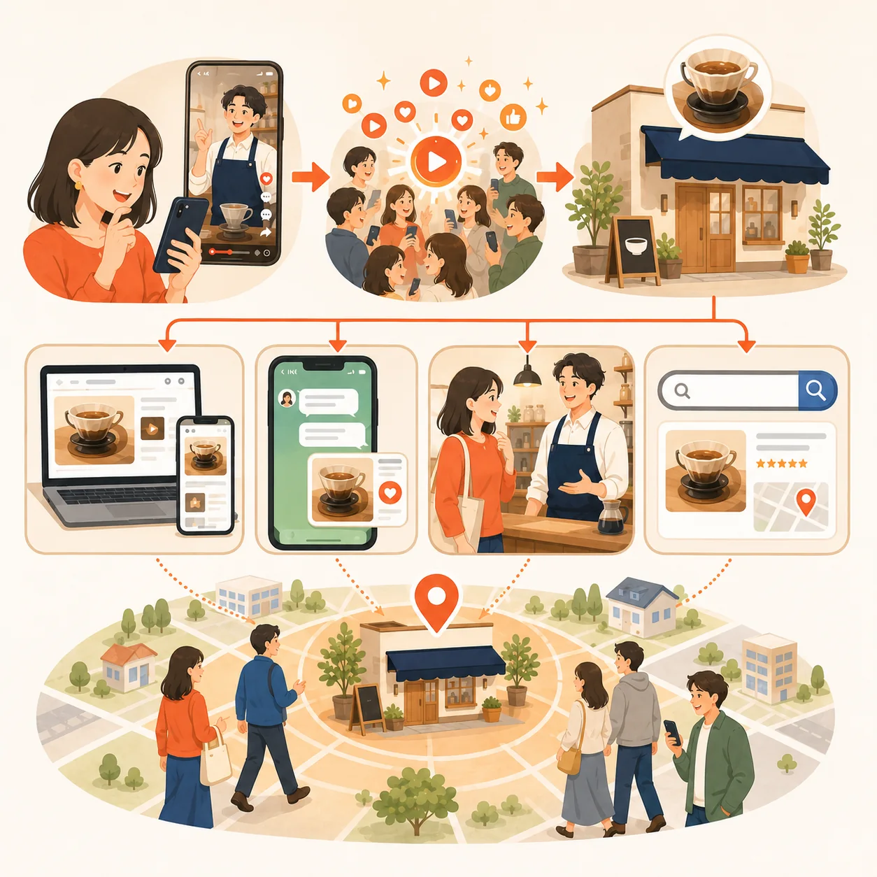 1万視聴を入口にLINE・店頭・Google・ホームページへ展開し商圏に認知を広げるイメージ