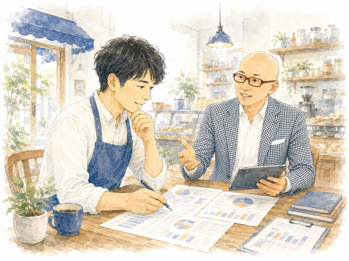 売上や利益について考える経営者が資料を前に相談し、宮内海が話を聞いている様子の水彩イラスト