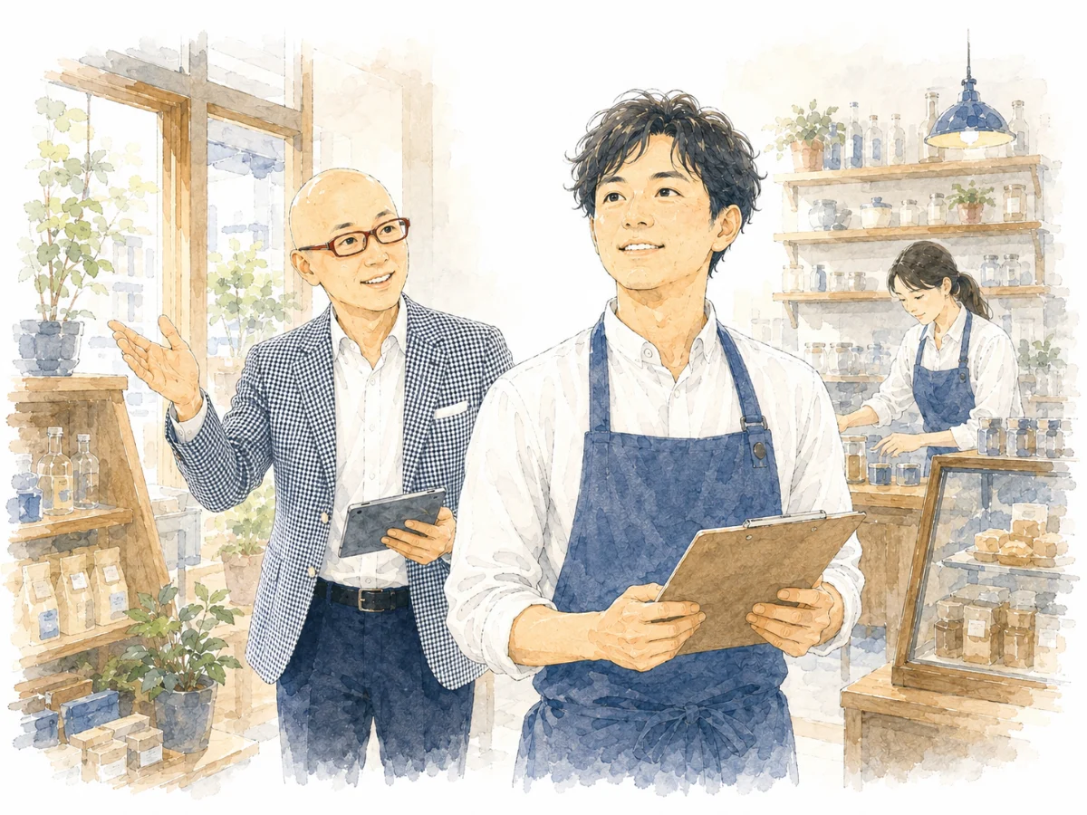 店主が自店の売場について説明し、宮内海が現場を見ながら話を聞いている様子の水彩イラスト