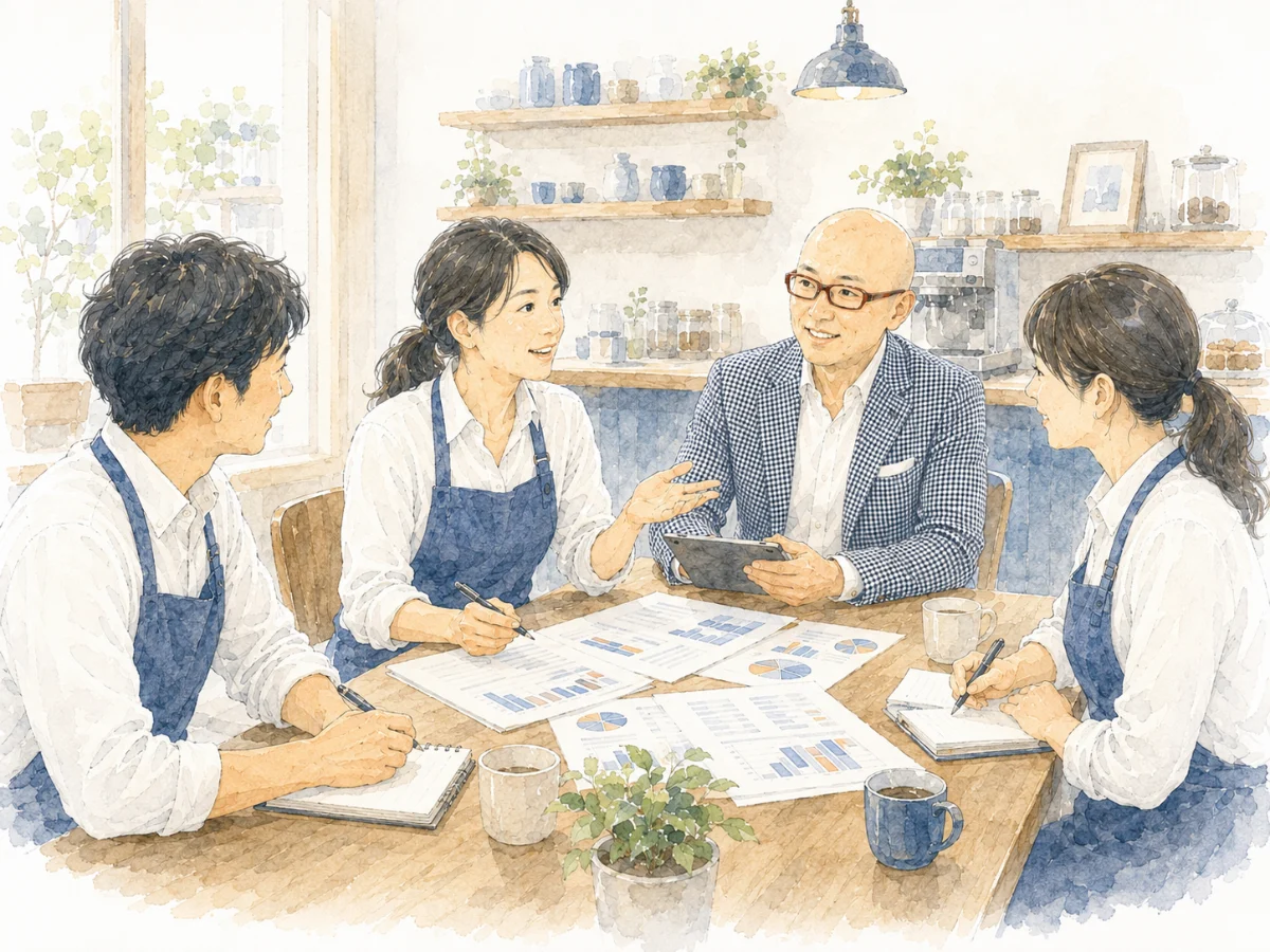 店舗責任者やスタッフが数字を見ながら次の行動を話し合い、宮内海がその議論を支援している様子の水彩イラスト