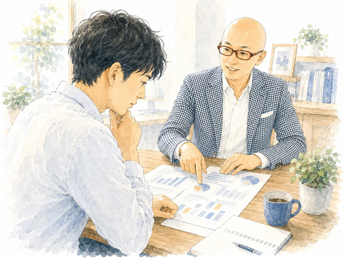 経営者が自分の考えを話し、宮内海が売上表を見ながら一緒に確かめている様子の水彩イラスト