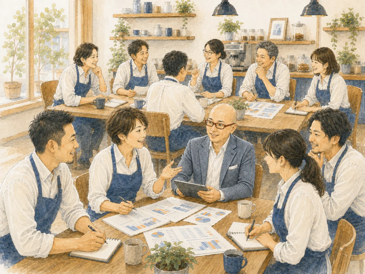 店長やスタッフが数字の資料を囲んで活発に話し合い、宮内海がその輪の中で伴走している様子の水彩イラスト