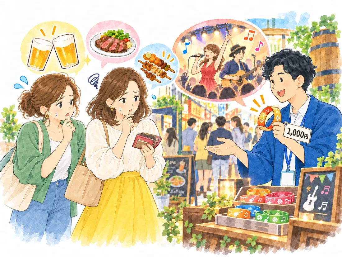 参加ブレスレット（1,000円）の購入をためらう2人の参加者のイラスト