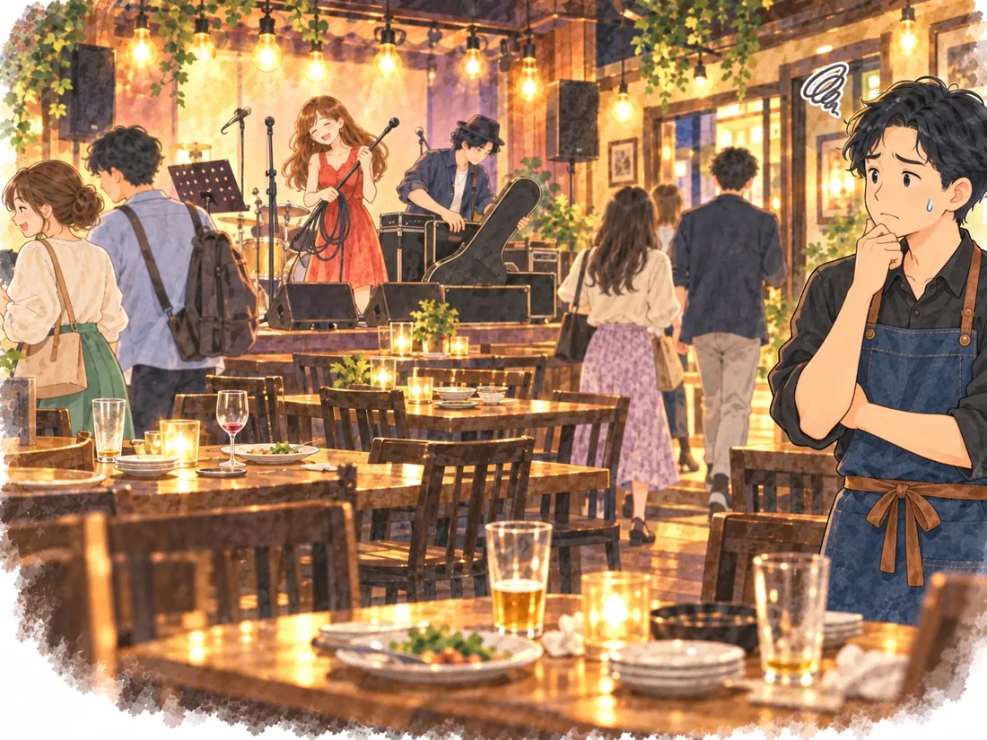 演奏の合間に空席が目立つ店内で、来店客の少なさに悩む店主のイラスト