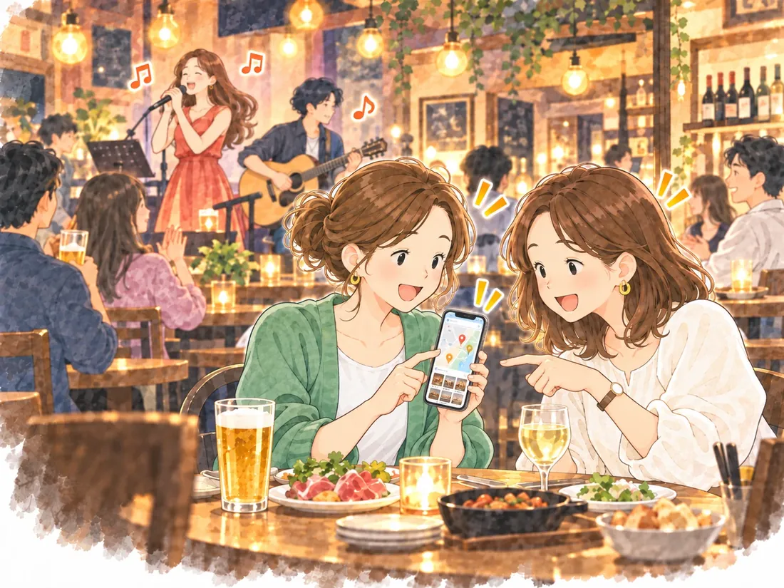 店内でスマホの地図を見ながら、次に行くお店を相談する参加者のイラスト
