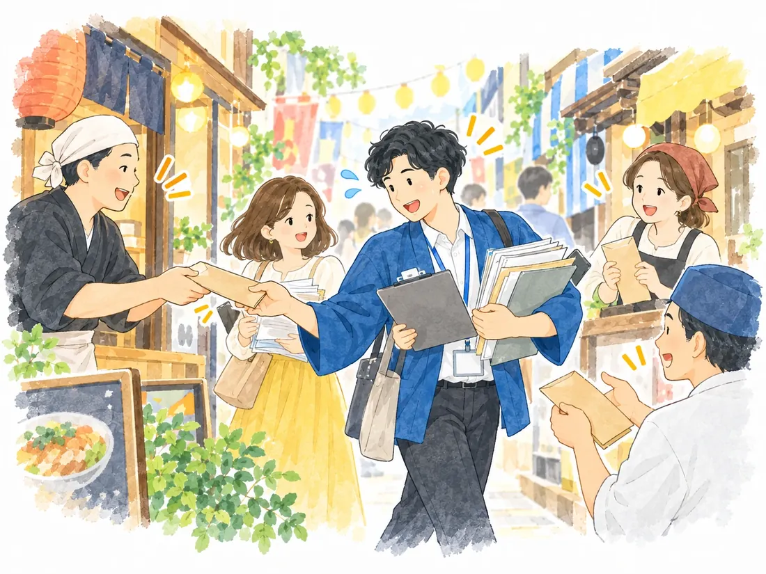 書類を抱えて参加店を一軒ずつ回り、参加費を受け取る主催者のイラスト