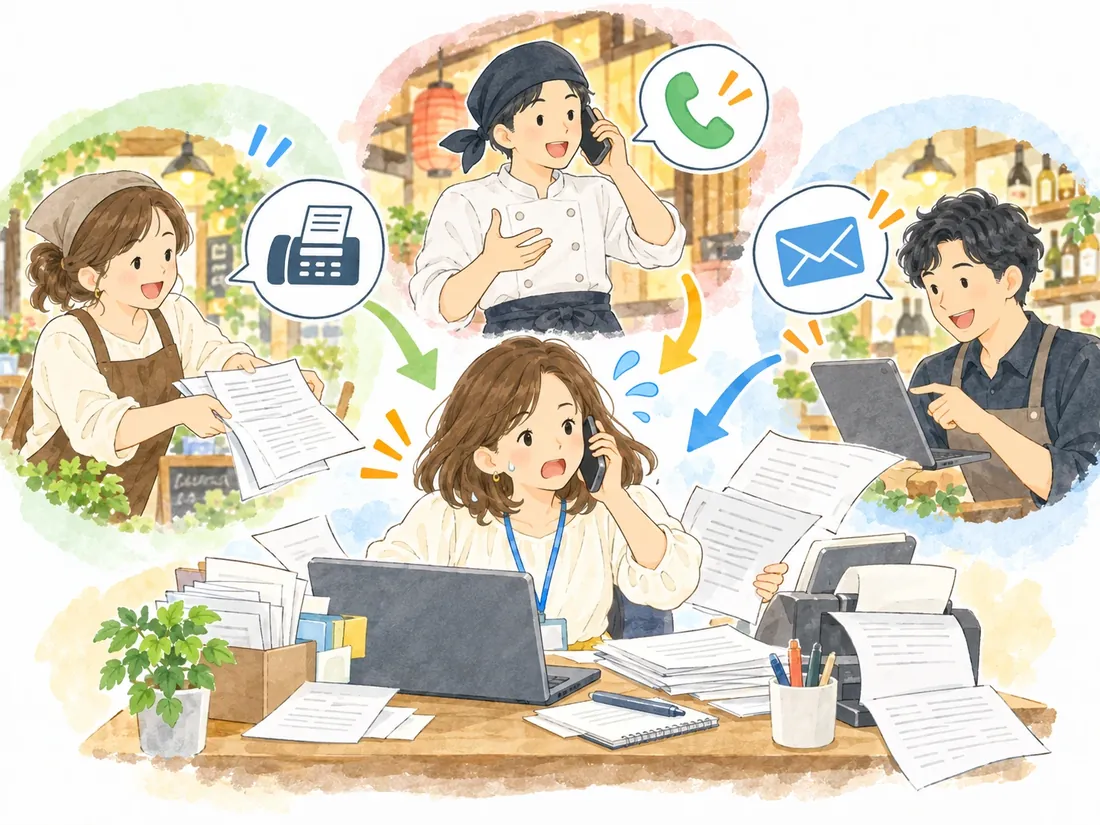 FAX・電話・メールで次々に届く参加申し込みに追われる事務局のイラスト