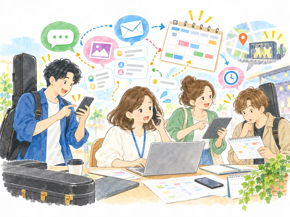 LINE・SNS・メールの連絡を見比べて出演スケジュールを確認するアーティストと事務局のイラスト